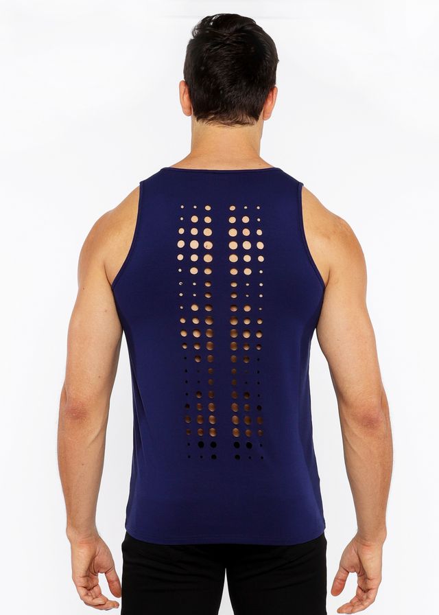 Navy blue circle spine laser cut stretch jersey tank showing back side with vertical circular cutouts down the spine