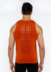 Back view of an orange sleeveless circle spine laser cut stretch jersey tank with perforated dot pattern