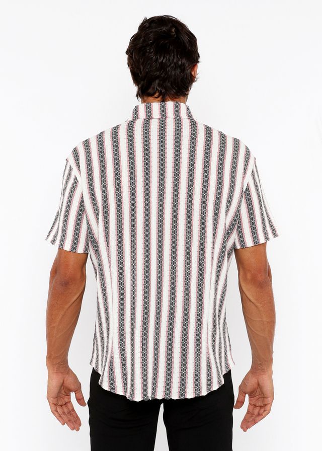 A man wearing a zigzag stripe open stretch knit shirt with white black and gray vertical chain-like patterns