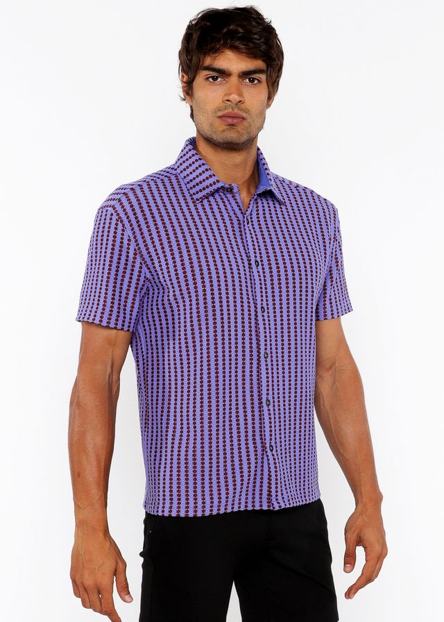 Purple and dark purple checkered short-sleeved button-up shirt with vertical stripe open stretch knit fabric