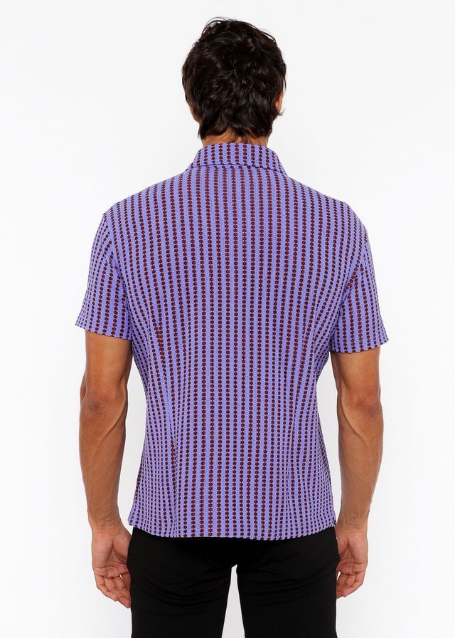 Purple and dark purple striped short-sleeved vertical stripe open stretch knit shirt with textured weave