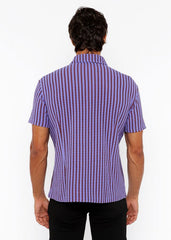 Purple and dark purple striped short-sleeved vertical stripe open stretch knit shirt with textured weave