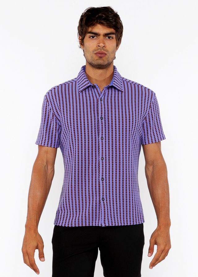 Purple and dark purple vertical stripe open stretch knit short-sleeved button-up shirt with front view