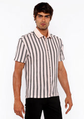 A man wearing a vertical stripe open stretch knit shirt with rib collar in black, off-white, and light pink colors