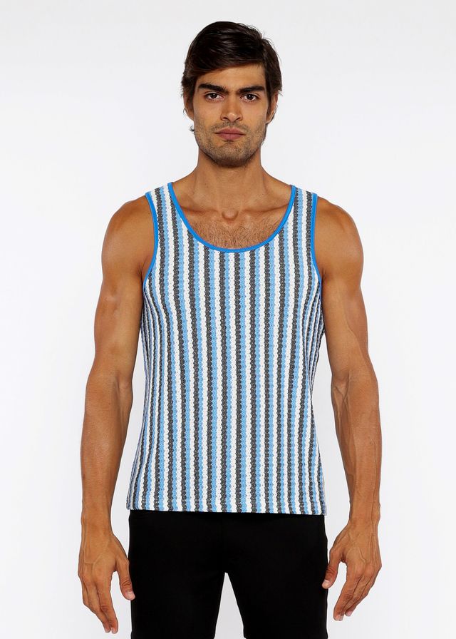 Blue and white striped knit tank top with ribbed neckline in open knit design for casual summer wear