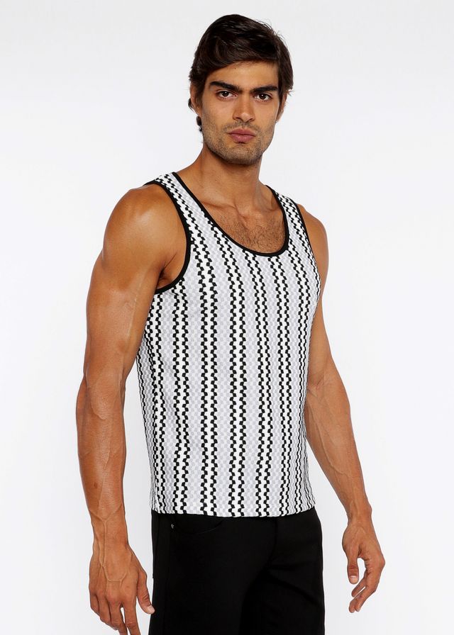 Black and white zigzag stripes open knit sleeveless tank top with rounded neckline