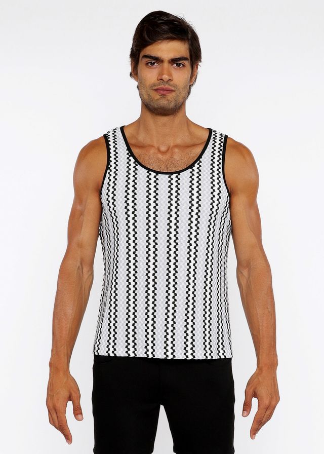 Black and white zigzag stripes open knit tank top with rounded neckline and breathable knit material