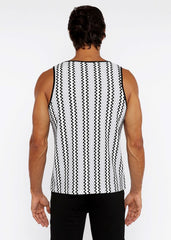 Black and white vertically striped knit tank top with zigzag textured wavy pattern in lightweight open knit fabric