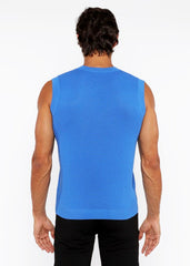 A vibrant blue ribbed knit sleeveless top with a crew neckline from the textured open knit vest collection