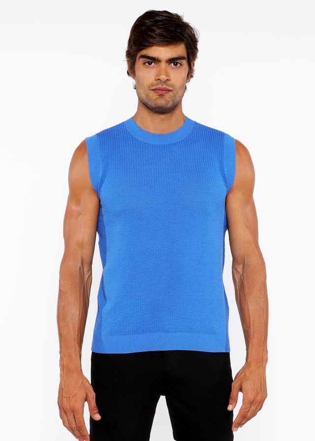 Bright blue ribbed knit sleeveless top textured open knit vest made of breathable lightweight fabric