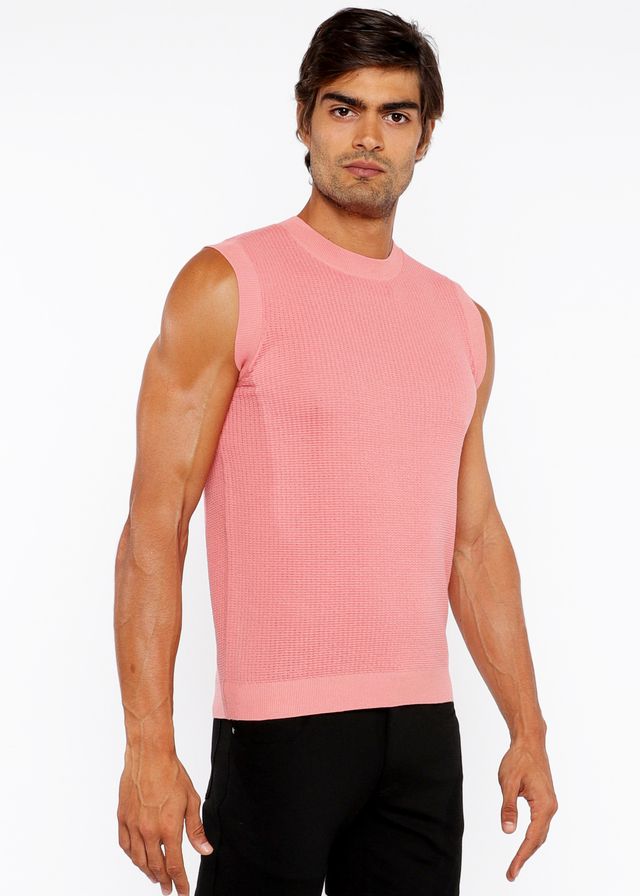 A pink textured open knit vest sleeveless top with ribbed knit fabric and crew neckline