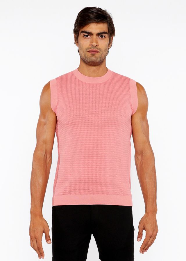 Textured open knit vest pink ribbed knit sleeveless top with round neckline and neatly finished hem