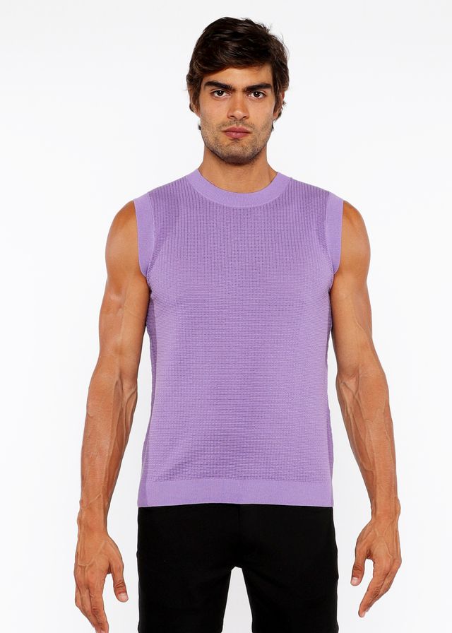 A lavender ribbed knit sleeveless textured open knit vest with a round neckline perfect for layering