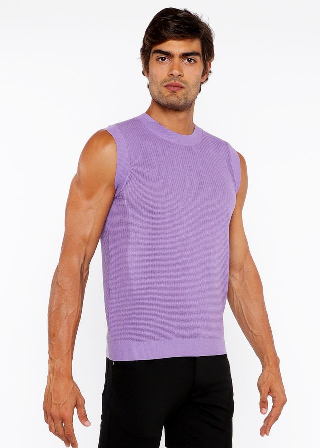 A lavender ribbed-knit sleeveless vest with a crew neckline textured open knit vest front view