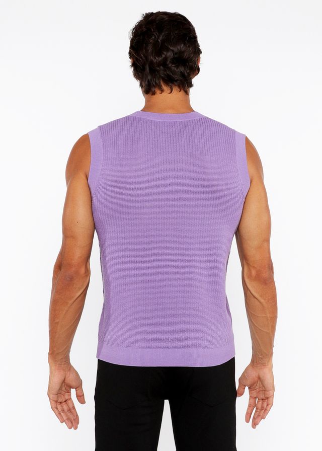 A lavender ribbed knit sleeveless textured open knit vest with a crew neckline perfect for layering