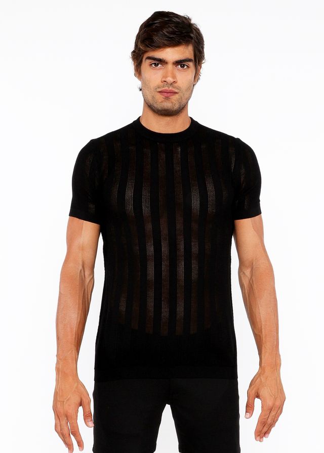 Black short-sleeved knit crew tee with vertical ribbed texture across the front for a textured open knit look