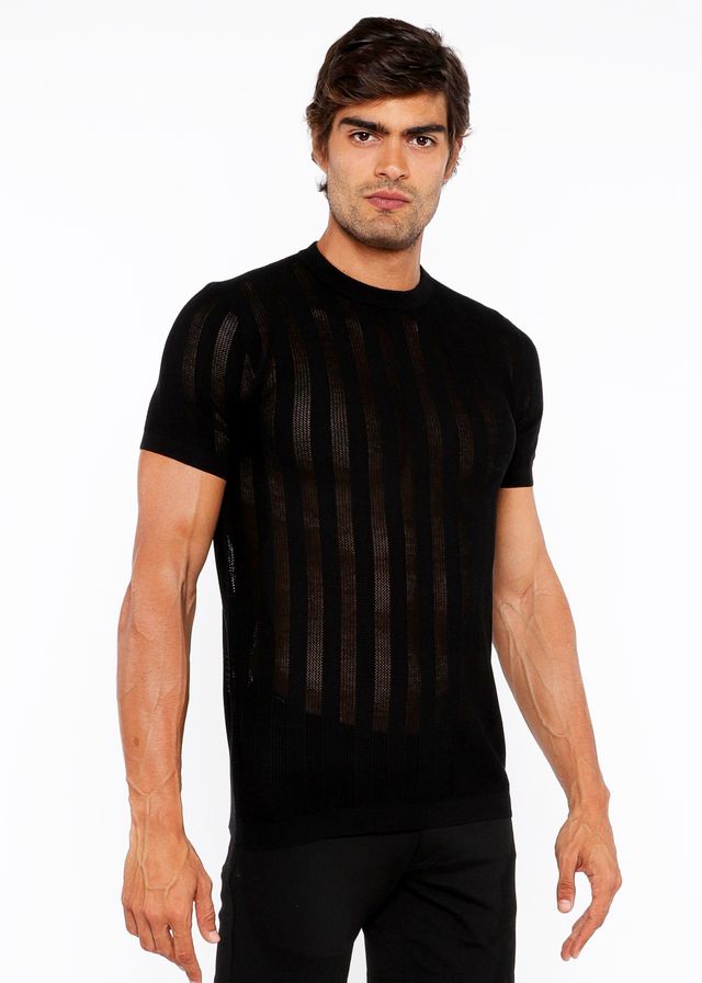 Black textured open knit crew tee with vertical ribbed knit texture and short sleeves across the chest