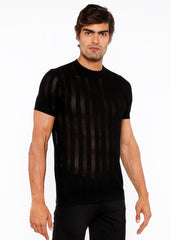 Black textured open knit crew tee with vertical ribbed knit texture and short sleeves across the chest