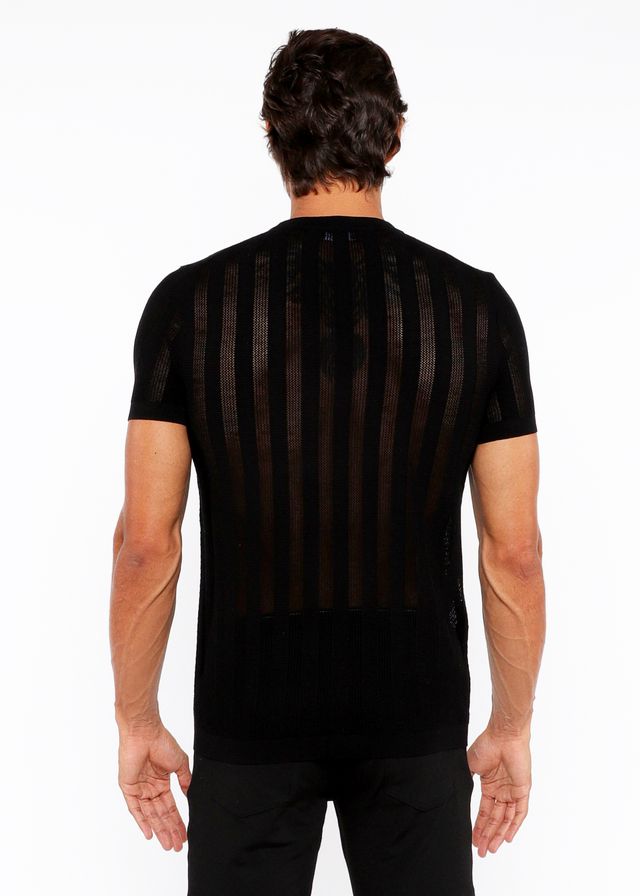 Black textured open knit crew tee with vertical ribbed texture short sleeves knit fabric