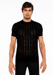 Black short-sleeved knit crew tee with vertical ribbed texture across the front for a textured open knit look
