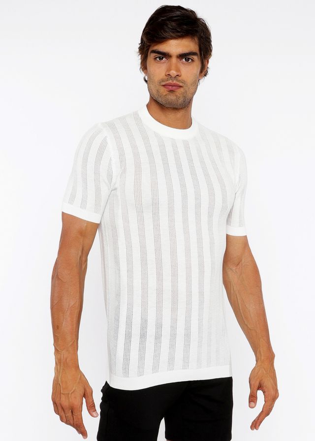 White textured open knit crew tee with subtle vertical gray stripes and short sleeves for casual wear