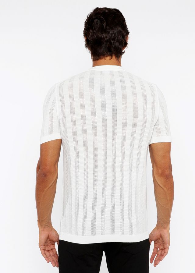 White short-sleeved textured open knit crew tee with subtle gray vertical stripes made from lightweight knit fabric