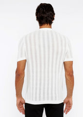 White short-sleeved textured open knit crew tee with subtle gray vertical stripes made from lightweight knit fabric