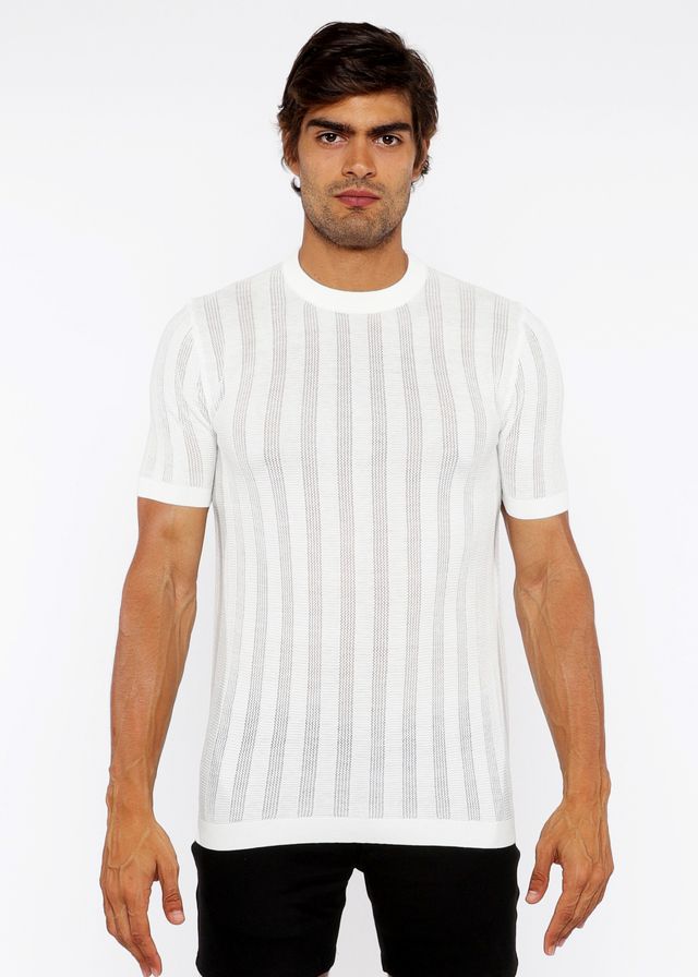 White textured open knit crew tee with subtle vertical ribbed stripes and short sleeves in soft breathable fabric