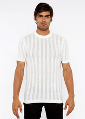White textured open knit crew tee with subtle vertical ribbed stripes and short sleeves in soft breathable fabric
