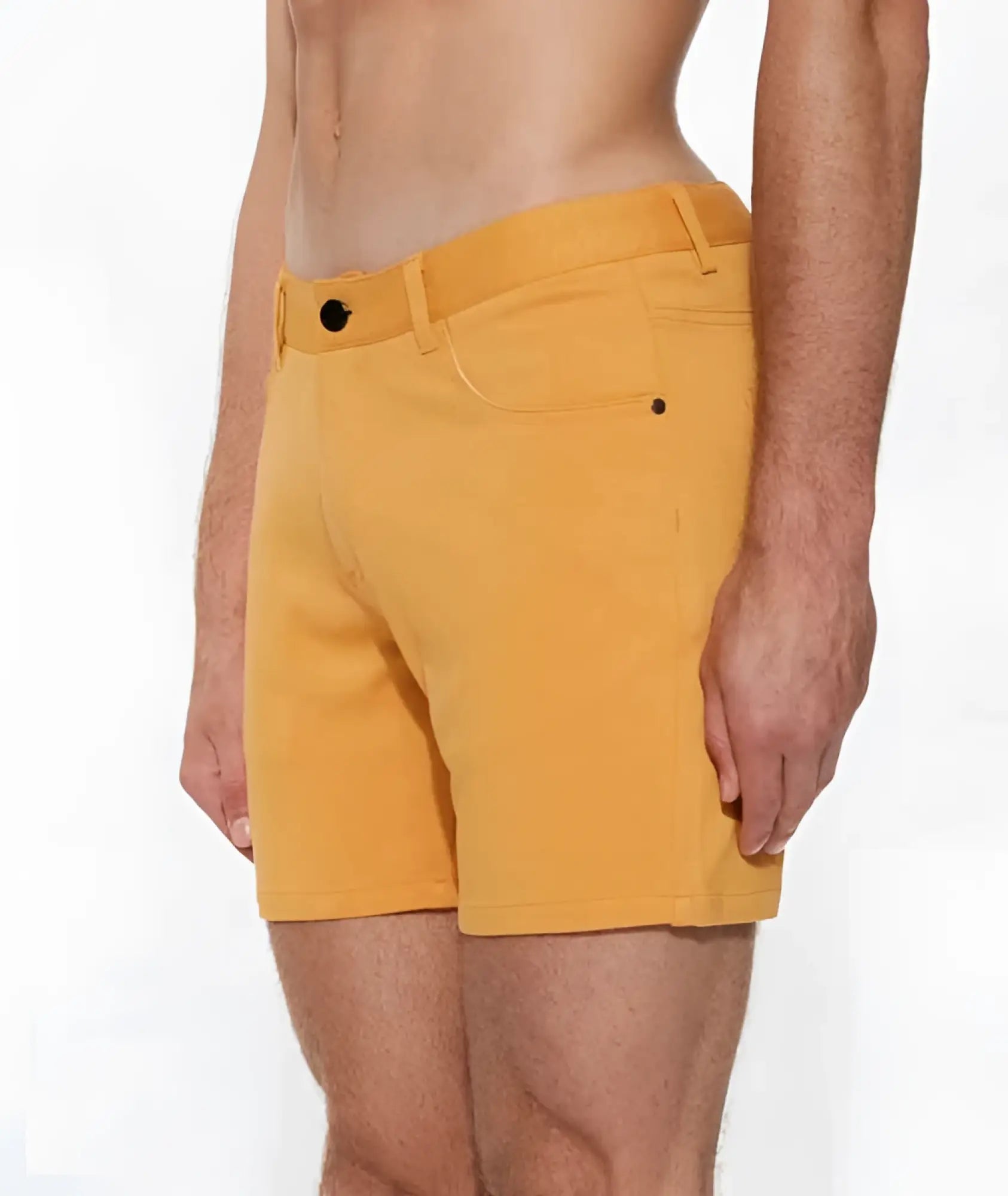 Bright yellow st33le stretch knit shorts with sleek modern design and black button closures size 29 apricot peel