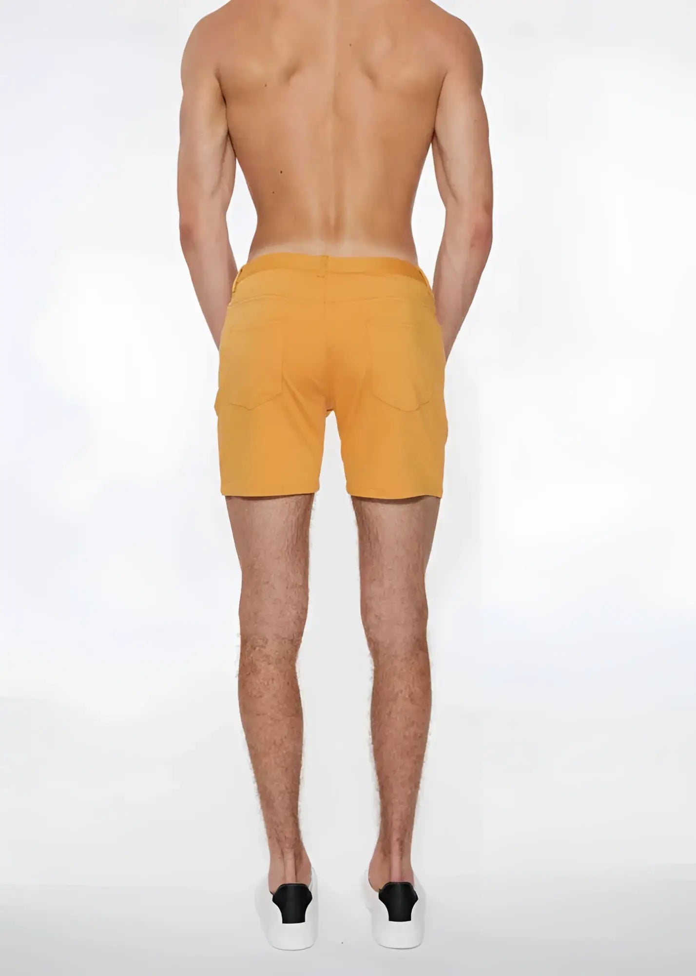 A pair of apricot peel st33le stretch knit men’s shorts with side pockets in size 29 and simple design