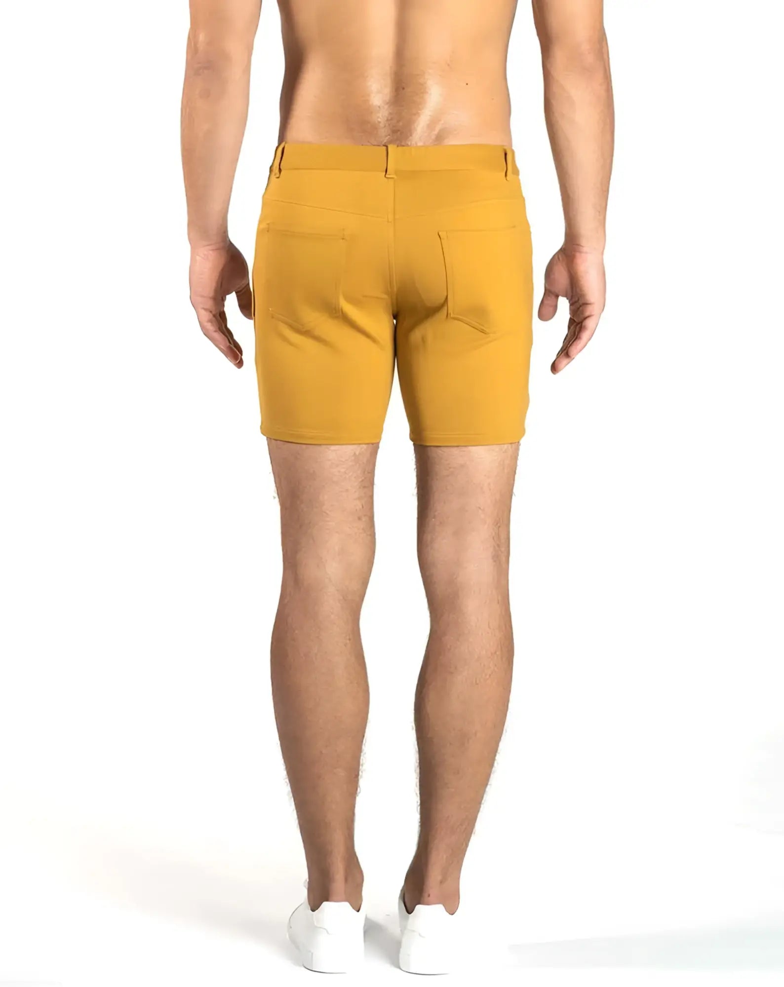 Back view of mustard-yellow st33le stretch knit chino shorts with tailored fit and two back pockets size 29