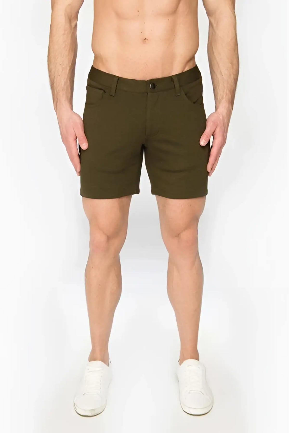 Olive green stretch knit chino shorts st33le with classic fit and button closure size 28