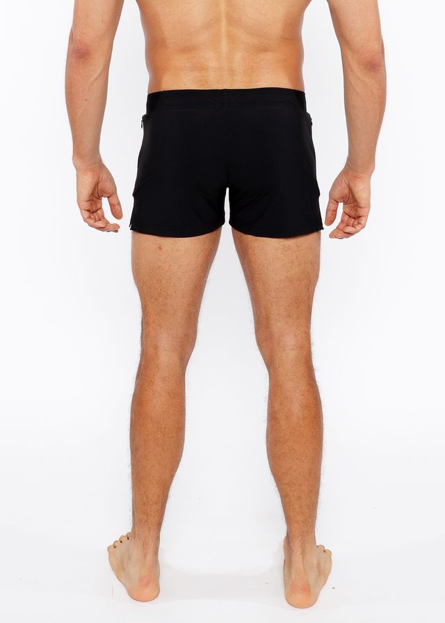 Pinstripe swim short black athletic shorts with sleek form-fitting design and subtle side pockets for active wear