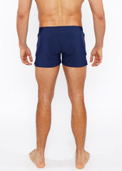 Navy blue ribbed pinstripe swim short made of lightweight fabric designed for comfortable swimming and beachwear