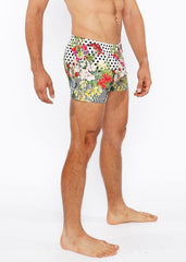 Dots abstract printed swim short featuring vibrant floral and polka dot patterns in bold colorful design