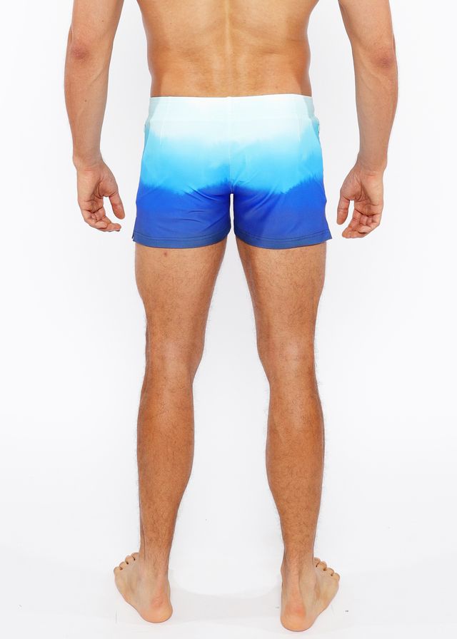 Blue gradient printed swim shorts with smooth seamless fabric finish ideal for swimwear and beach use