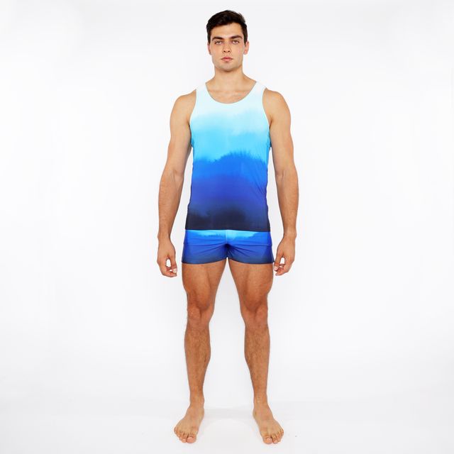 Blue gradient tank top with smooth printed fabric design featured in gradient printed swim short collection