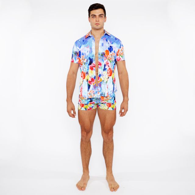 Vibrant blue red and yellow floral abstract printed swim short with matching short-sleeved button-up shirt