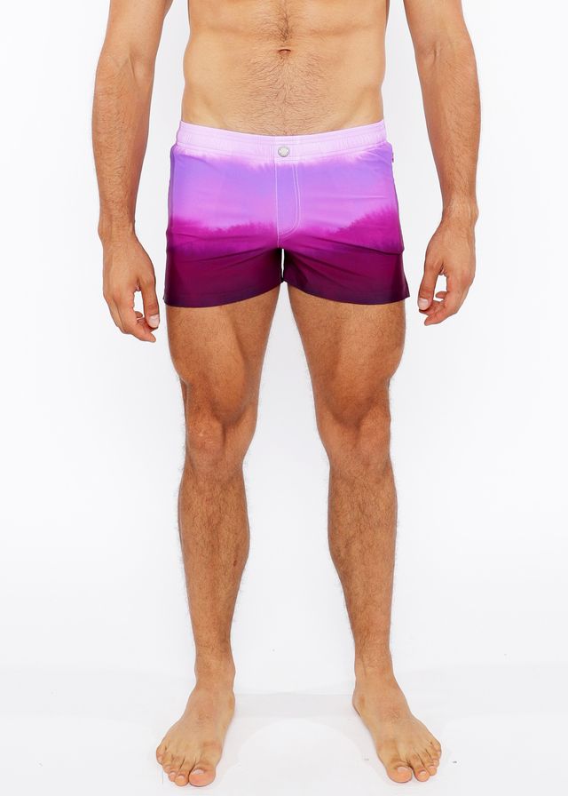 Gradient printed swim short featuring purple gradient swim trunks with a soft fade from lavender to deep violet hem