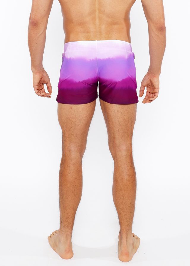 Gradient printed swim short featuring purple gradient swim trunks with a soft lavender to deep violet transition