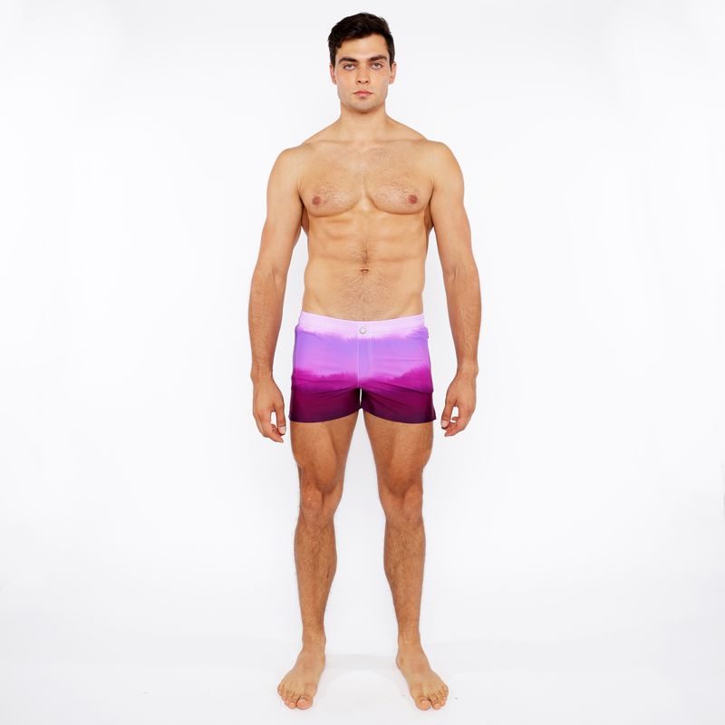 Purple gradient printed swim shorts with white waistband designed for comfortable beach and pool use