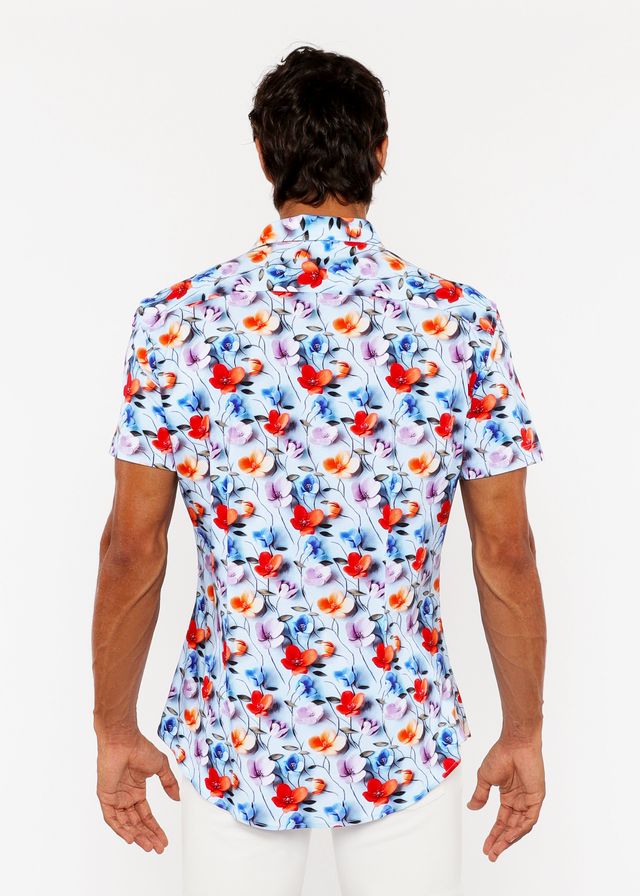 Floral 3d print stretch knit shirt vibrant short-sleeved men’s shirt with red orange blue purple floral pattern on light blue