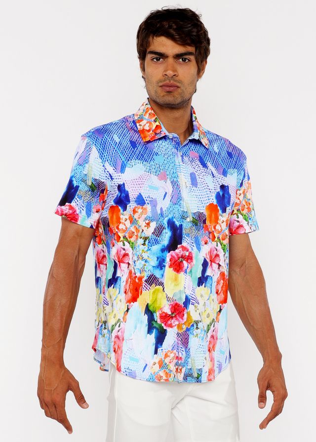 Vibrant short-sleeved woven modal button-up shirt with bold abstract floral pattern in blue pink orange and yellow