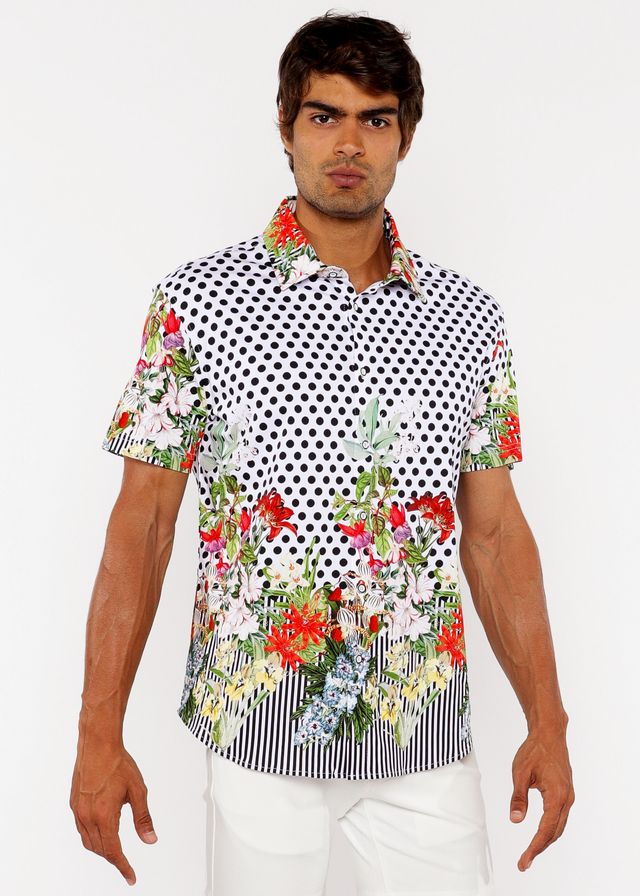 A vibrant short-sleeved dots abstract s s woven modal border shirt with black polka dots and colorful floral accents