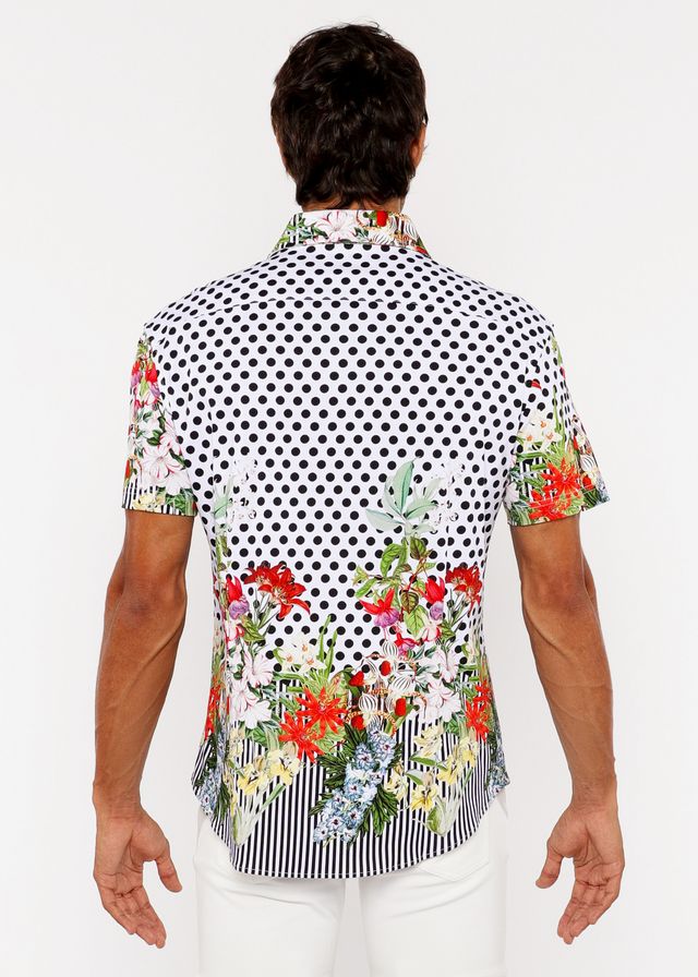 A vibrant short-sleeved dots abstract s s woven modal border shirt with black white polka dots and colorful floral prints