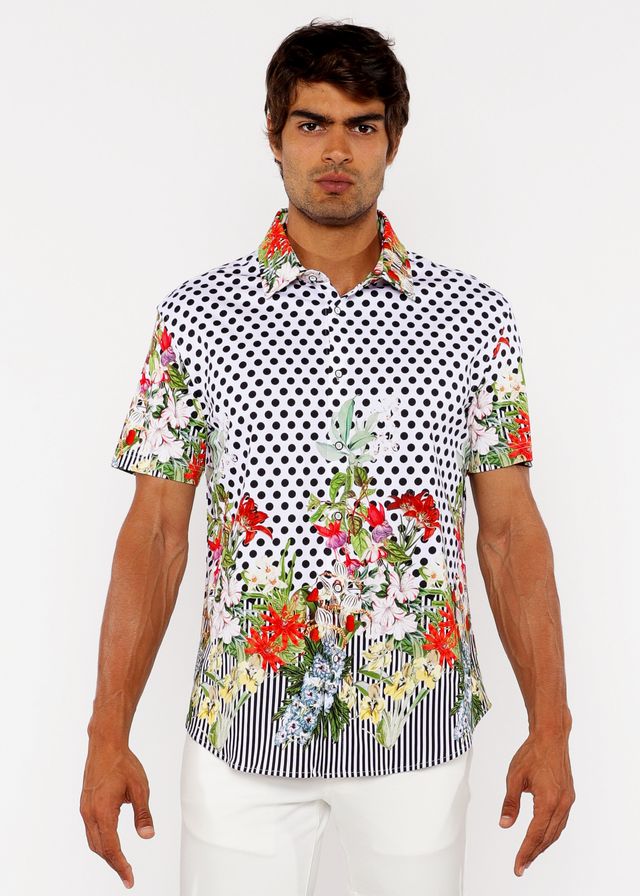 Dots abstract s/s woven modal border shirt with white base, black polka dots, red pink flowers, and striped hem detailing