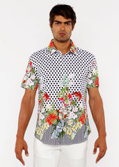Dots abstract s/s woven modal border shirt with white base, black polka dots, red pink flowers, and striped hem detailing