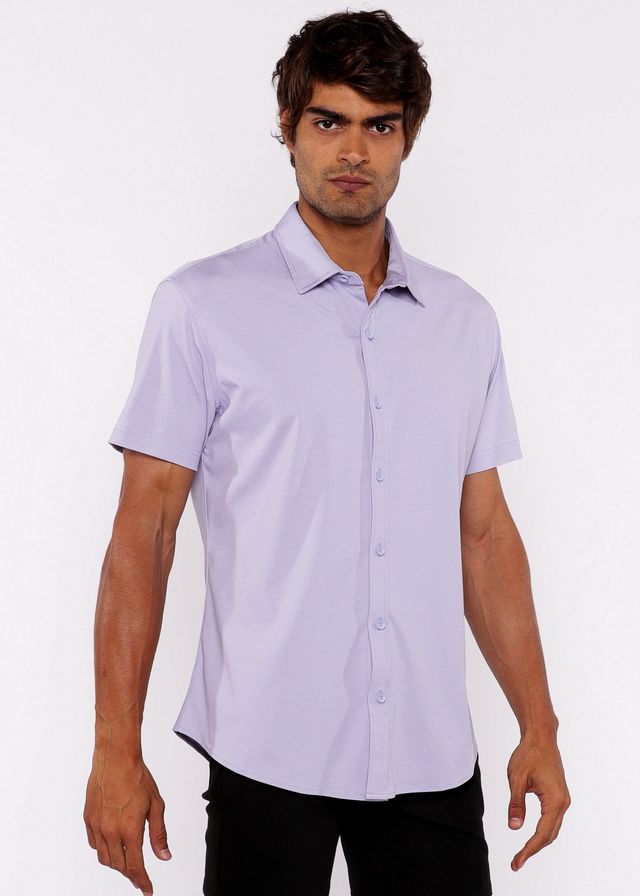A light lavender stretch knit shirt with short sleeves classic collar and tailored fit