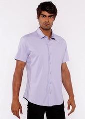 A light lavender stretch knit shirt with short sleeves classic collar and tailored fit